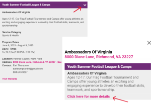 Arrow pointing to the two ways to expand the individual program tiles within the NextUp program locator to view all program details.