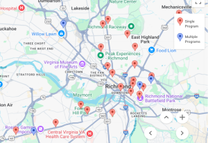 Map of Richmond with summer programs and afterschool programs available for free to Richmond youth