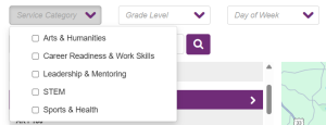 Youth Program Locator map filter options including service category, grade level, day of week program is offered, and keyword search. These filter options are found above the map and map tiles.