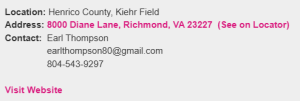 Snapshot of individual program tile on the NextUp Program Locator that has the program's contact information where parents can call or email to enroll their children, or visit the organization's website for more information.