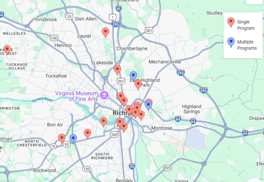 Map of Richmond with list of free summer programs and afterschool programs available for Richmond youth